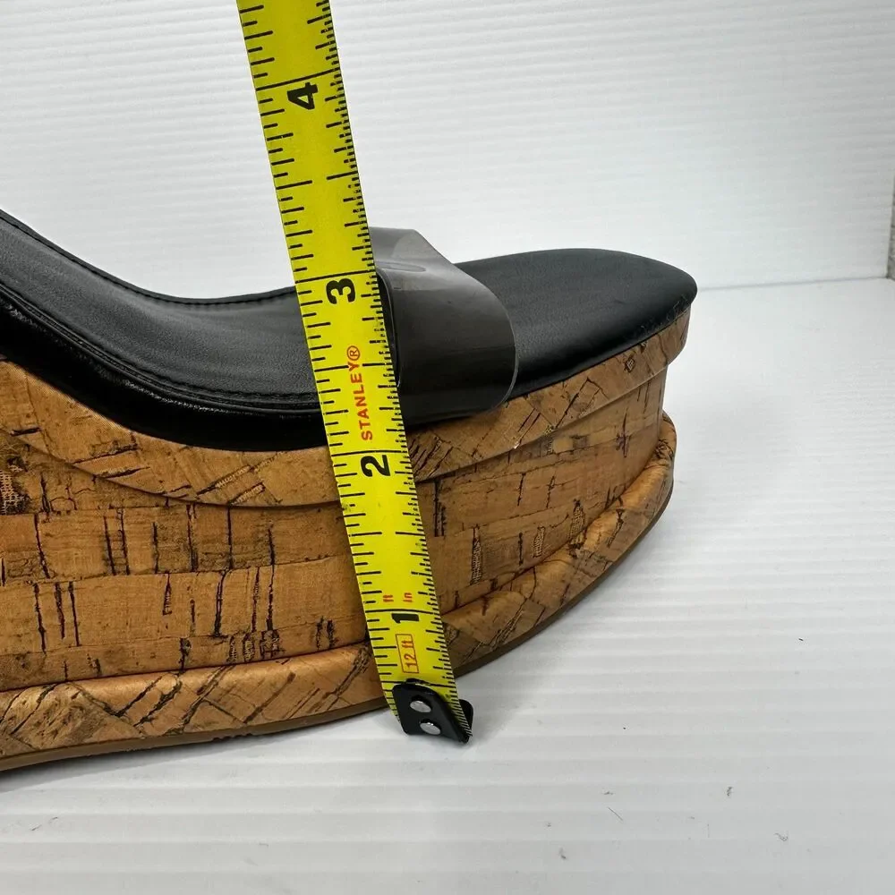Nine West Platform Sandals 9.5 Slide Wedge Clear Strap Vacation Club Black rapps